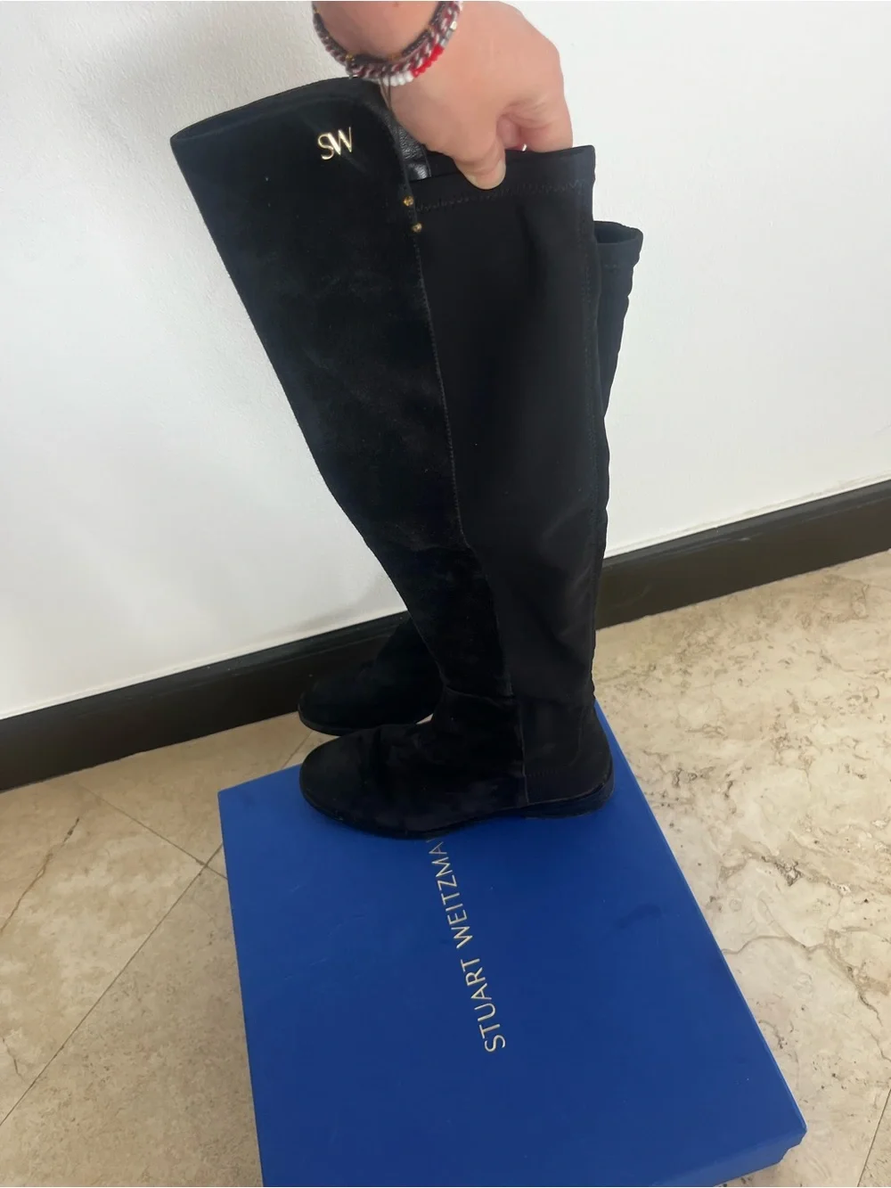 Stuart Weitzman Black Over-The-Knee Suede Boots with Gold SW Accent